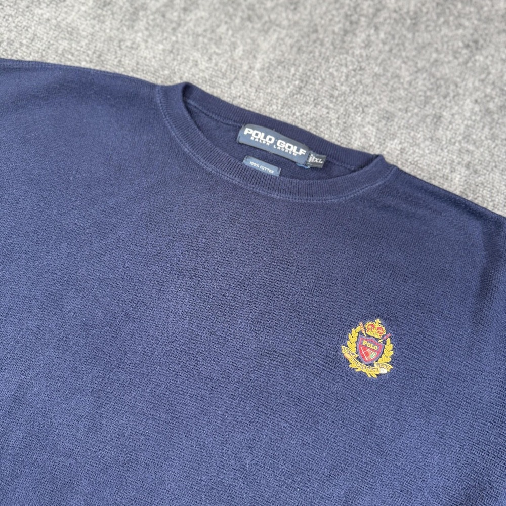 Polo Golf Ralph Lauren Sweater Mens 2XL Navy Blue Crest Cotton Crewneck Pullover